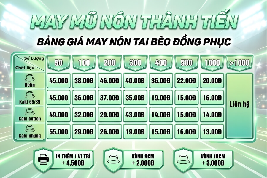Bảng giá may nón tai bèo đồng phục tại Xưởng