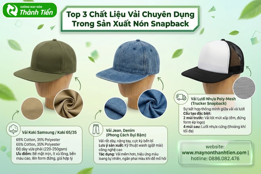 3 chất liệu vải d&ugrave;ng để sản xuất n&oacute;n snapback